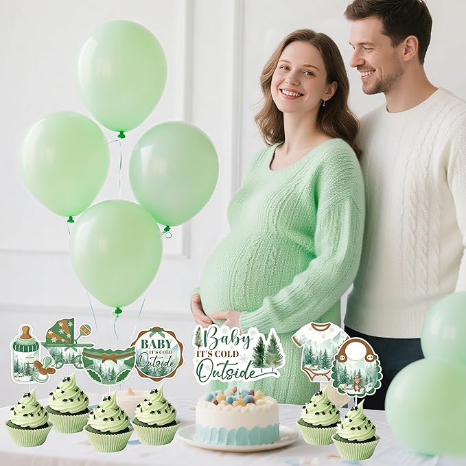 Baby Its Cold Outside Baby Shower Decorations, Winter Forest Cake Topper & 24 Cupcake Toppers, Woodland Green Party Supplies (Pack of 25)