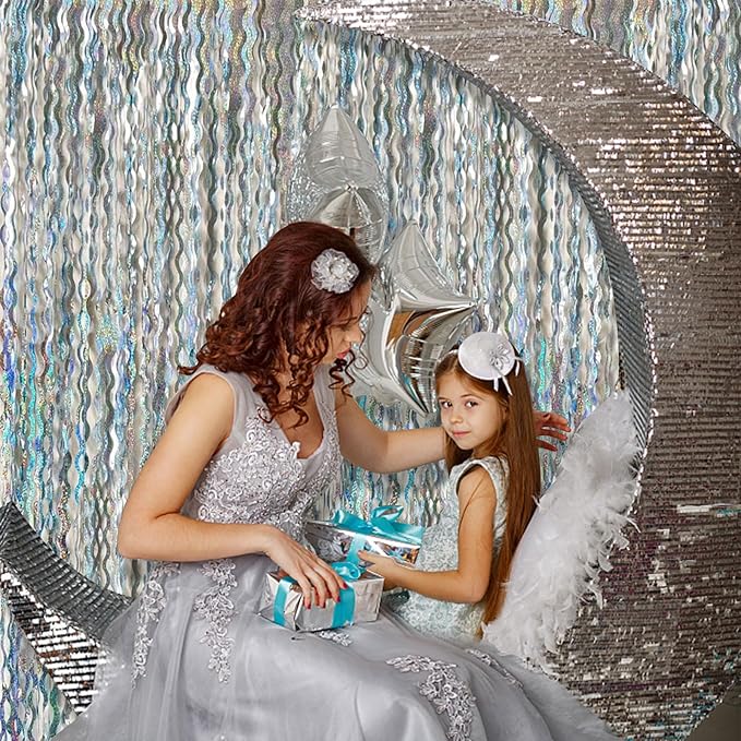 Tinsel Foil Fringe Curtains Wavy Backdrop for Parties Sparkle Metallic Wavy Foil Fringe Backdrop Curtain for Party Decorations Photo Booth Props for Birthday Graduation Wedding