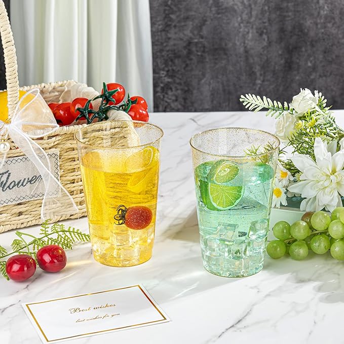 I00000 50 Pack 24 oz Gold Plastic Cups, Gold Glitter Cups Disposable Plastic Wine Glasses Cocktail Glasses Premium Cup, 24 Ounce Glitter Disposable Tumblers for Party & Wedding