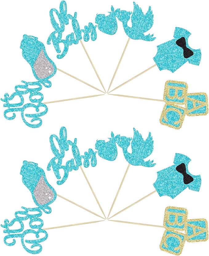 24Pcs Oh Baby Cupcake Toppers Blue Glitter It's a Boy Cupake Toppers with Swan Onesie Bottle Baby Shower Gender Reveal Cupcake Picks Decorations for Kids Boys Birthday Party Cake Decorations Supplies