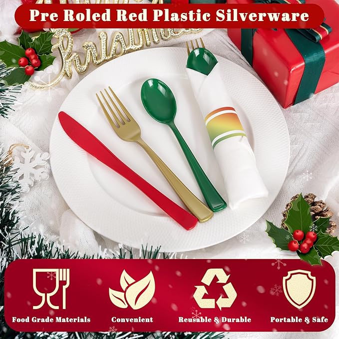 Liacere 100Pack Pre Rolled Silverware and Napkin - Wrapped Plastic Cutlery Set with Napkin:100 Gold Forks,100 Red Knives,100 Green Spoons,100 Napkins for Christmas