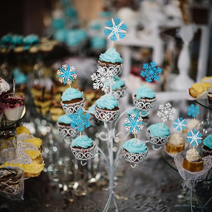 24Pcs Snowflake Cupcake Toppers Winter Frozen Winter Wonderland Cake Pick Decorations for Snowflake Theme Baby Shower Birthday Merry Christmas Party Supplies Blue