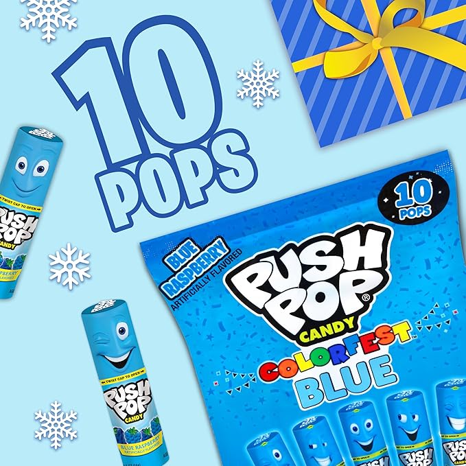 Push Pop Easter Blue Hard Candy Lollipops, 10 Ct Bulk Candy Individually Wrapped in Blue Raspberry Flavor, Lollipops For Easter Basket Stuffers, Party Favors, Treats and Gifts for Kids