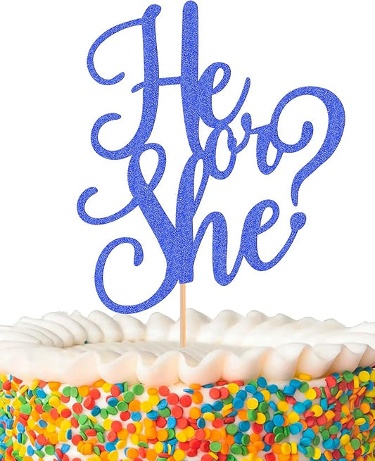 He or She Cake Topper - Glitter Gold Gender Reveal Cake Topper Decorations, Suitable for Baby Shower Favors, Baby Gender Reveal, Baby Birthday Party or Baby Photo Booth Props (Dark Blue)