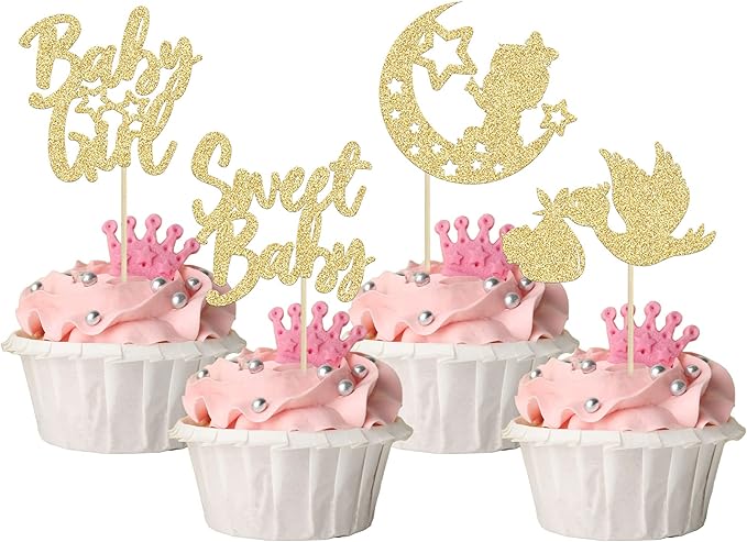 24Pcs Babyshower Girl Cupcake Toppers Glitter Moon Star Sweet Baby Gender Reveal Cupcake Picks Baby Shower Kids Girls Birthday Party Cake Decorations Supplies Gold