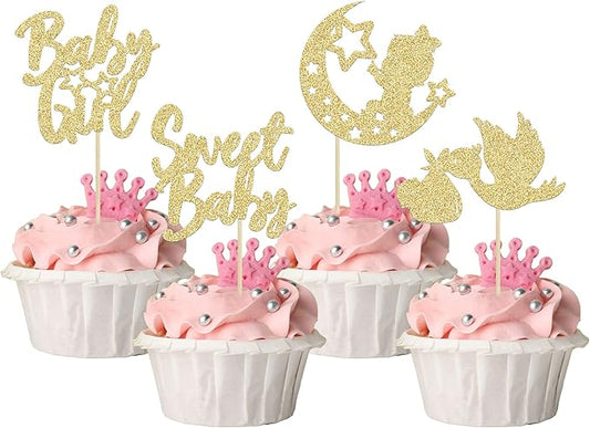 24Pcs Babyshower Girl Cupcake Toppers Glitter Moon Star Sweet Baby Gender Reveal Cupcake Picks Baby Shower Kids Girls Birthday Party Cake Decorations Supplies Gold