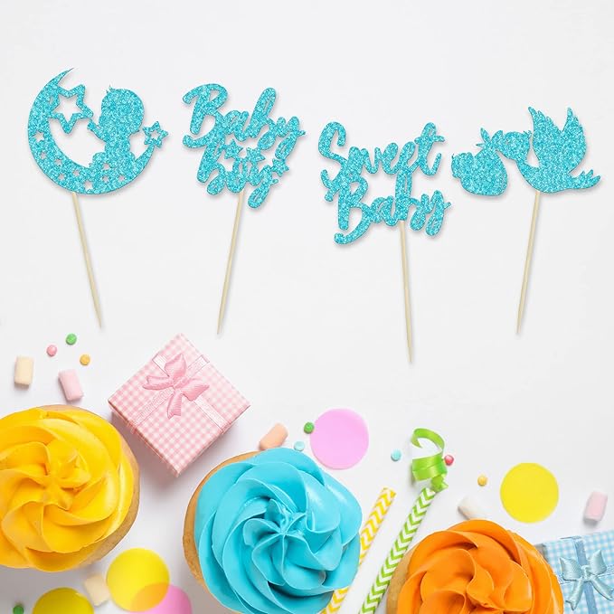24Pcs Sweet Baby Boy Cupcake Toppers Blue Glitter Moon Star Baby Shower Cupcake Picks Decorations for Gender Reveal Baby Shower Kids Boys Birthday Party Supplies