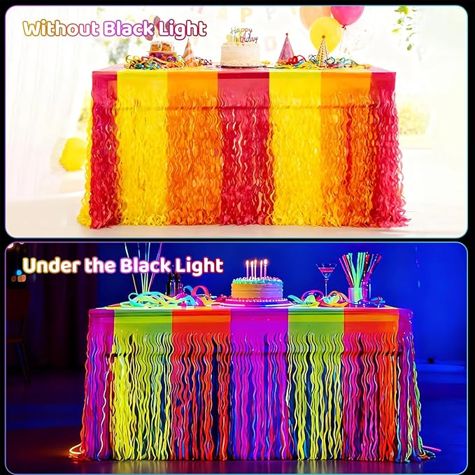 Glow in The Dark Party Supplies, 2 Pack Neon Fluorescent Wavy Metallic Tinsel Foil Fringe Table Skirts, 29.5x108 Inch UV Black Light Reactive Table Streamer Curtain Backdrop Party Decorations