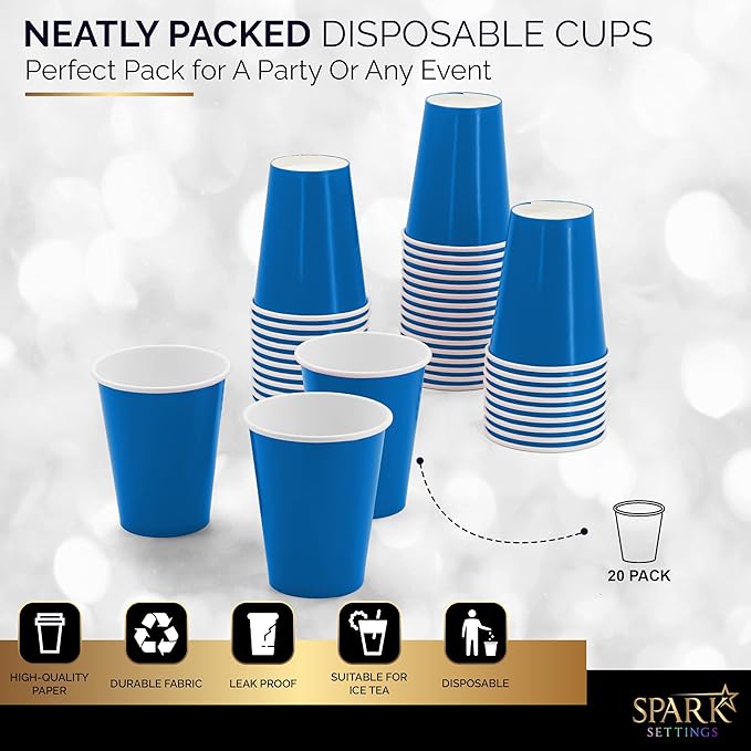 Disposable Paper Cups, 8 oz. Royal Blue Paper Coffee Cups, Strong and Sturdy Coffee Disposable Cups for Party, Wedding, Christmas, Halloween Hot Cups, Pack of 20