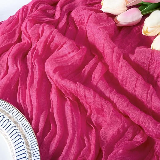 FEXIA Rose Red Table Runner 35x120 Inches for Baby Shower Decoration Gauze Rustic Table Runner for Wedding Party First Communion Centerpiece Engagement Bridal Shower Boho Decoration