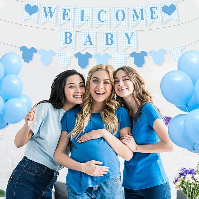 1 Pcs Blue Gingham Welcome Baby Banner for Party Decorations Blue Pre Strung Baby Shower Gender Reveal Paper Banner for Table, Wall or Mantel Display Party Decor Supplies