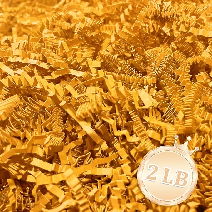 2 LB Golden Crinkle Cut Paper Shred Filler Great for Gift Wrapping, Golden Basket Fillers, Birthday, Gift Wrapping, Anniversary, Halloween Thanksgiving Christmas Party Decor Filling Supplies