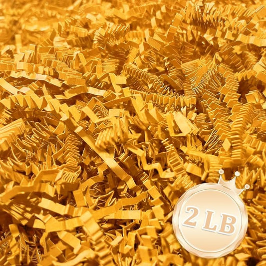 2 LB Golden Crinkle Cut Paper Shred Filler Great for Gift Wrapping, Golden Basket Fillers, Birthday, Gift Wrapping, Anniversary, Halloween Thanksgiving Christmas Party Decor Filling Supplies