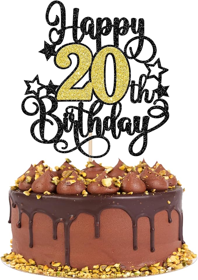 1 PCS Happy 20th Birthday Cake Topper Black Gold Glitter Cheers to 20 Years Birthday Cake Pick Hello 20 Fabulous Cake Decoration for Happy 20th Birthday Anniversary Party Decorations Supplies