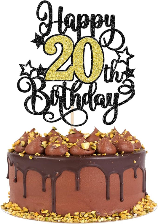 1 PCS Happy 20th Birthday Cake Topper Black Gold Glitter Cheers to 20 Years Birthday Cake Pick Hello 20 Fabulous Cake Decoration for Happy 20th Birthday Anniversary Party Decorations Supplies