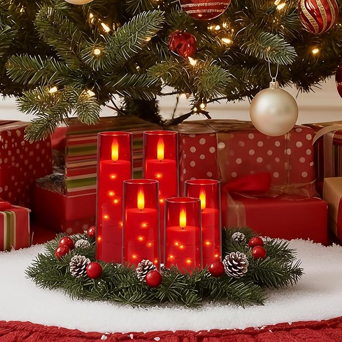Raycare Flameless Candle with Remote Timer – 5 Flickering Acrylic Battery Operated LED Pillar Candles with Embedded Star String for Halloween, Home Decor, and as a Gift(Red)