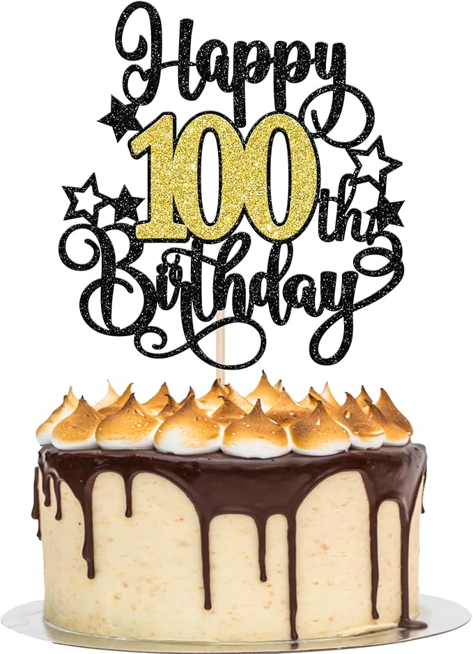 1 PCS Happy 100th Birthday Cake Topper Black Gold Glitter Cheers to 100 Years Birthday Cake Pick Hello 100 Fabulous Cake Decoration for Happy 100th Birthday Anniversary Party Decorations Supplies