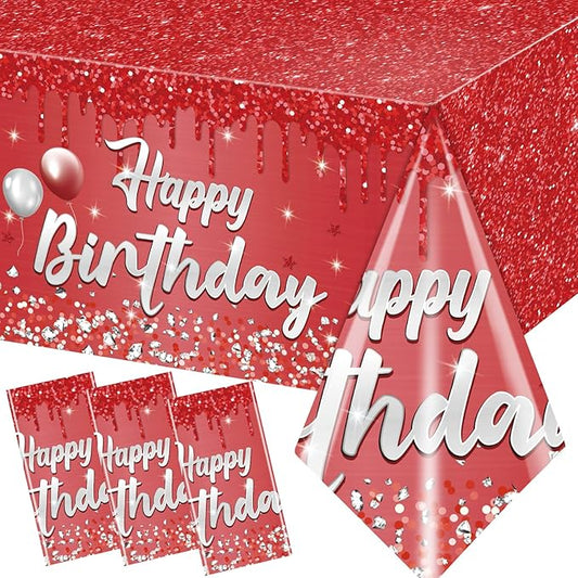 Happy Birthday Party Decorations 3Pcs Happy Birthday Tablecloth Red and Sliver Table Cloth Plastic Table Cover for Women Men Baby Shower Party Supplies