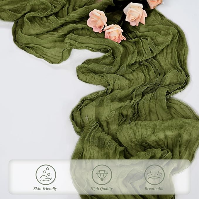 12 Pack Olive Green 10FT Cheesecloth Table Runner Rustic Gauze Cheese Cloth Table Runner for Wedding Bridal Baby Shower Table Decorations Boho Fabric Sheer Birthday Party Decor 20 x 120 Inch Long