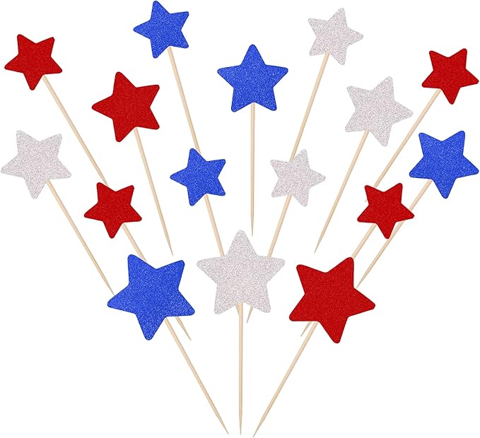 30 PCS Independence Day Cupcake Toppers Glitter Blue Red Silver Twinkle Little Star Cupcake Picks Wedding Bridal Shower Baby Shower Birthday American National Party Cake Decorations Supplies