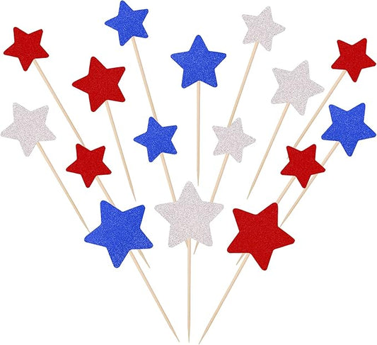 30 PCS Independence Day Cupcake Toppers Glitter Blue Red Silver Twinkle Little Star Cupcake Picks Wedding Bridal Shower Baby Shower Birthday American National Party Cake Decorations Supplies