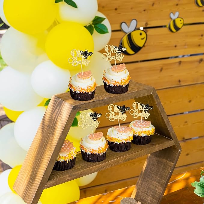 Ephlyn 24Pcs Bumble Bee Cake Toppers, Gold Glitter Cupcake Picks for Birthday, Baby Shower, Kids Party Decorations