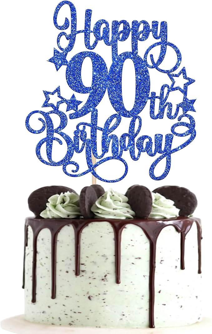1 PCS Happy 90th Birthday Cake Topper Glitter Cheers to 90 Years Birthday Cake Pick Hello 90 Fabulous Cake Decoration for Happy 90th Birthday Anniversary Party Decorations Supplies Blue