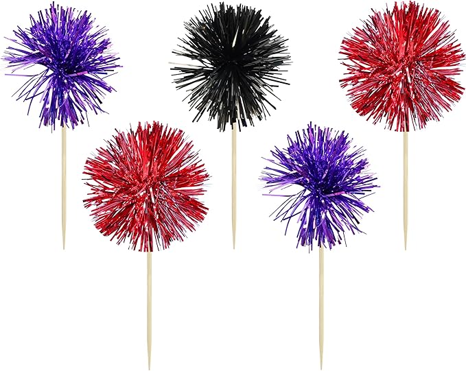 Gyufise 30Pcs Foil Firework Cupcake Toppers Sparkle Tinsel Cake Toppers Tinsel Drink Cake Decoration Cocktail Picks for Halloween Birthday Wedding Graduation Party Supplies Purple Black Red