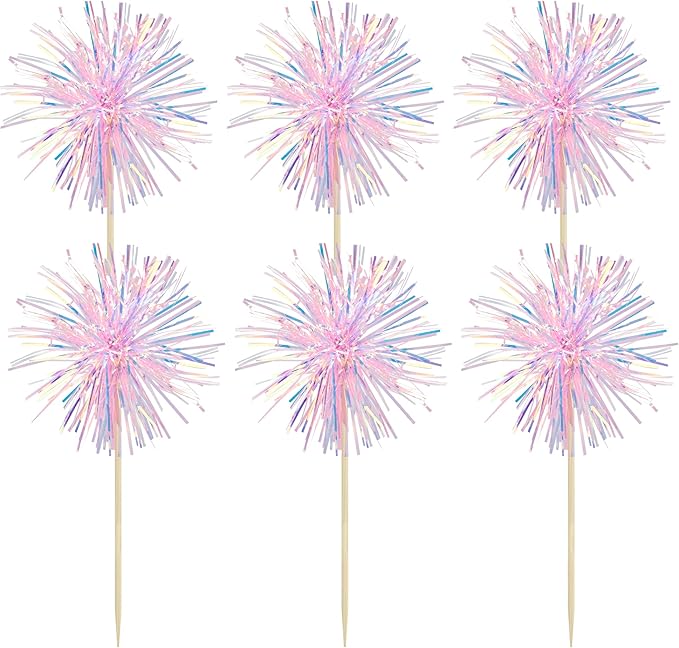 Gyufise 30Pcs Foil Firework Cupcake Toppers Sparkle Tinsel Cake Toppers Tinsel Drink Cake Decoration Cocktail Picks for Birthday Wedding Graduation Party Supplies Laser Pink
