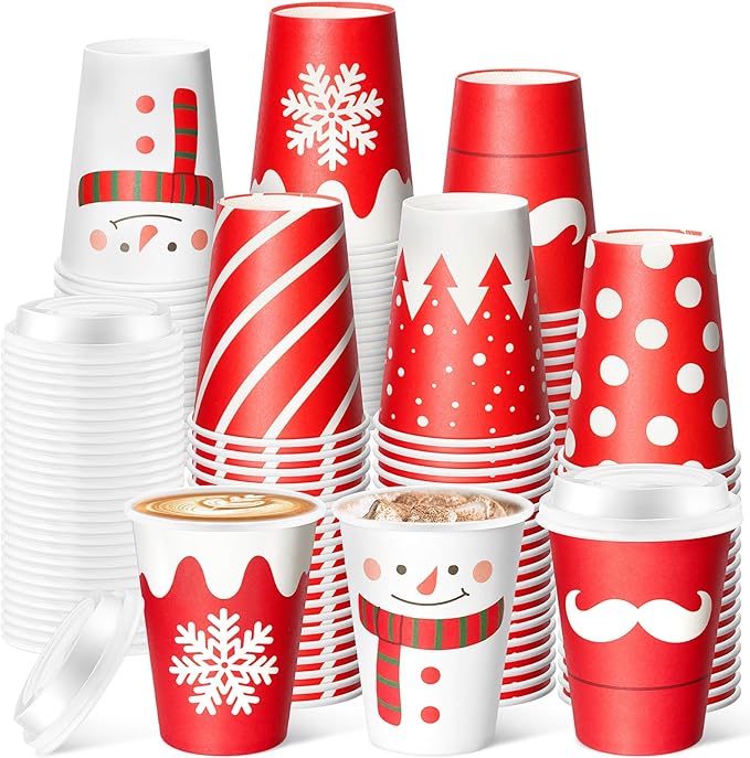 Yungyan 60 Sets Christmas Disposable Coffee Cups with Lids 12 oz Snowman Paper Cups Xmas Hot Cocoa To-go Coffee Mug for Hot Cold Drinks Chocolate Tea Beverage Christmas Party Supplies