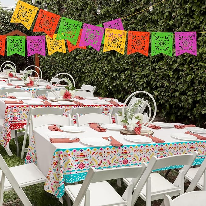 Gatherfun Fiesta Party Supplies & Cinco de Mayo Decorations - Ultimate 2-Pack Mexican Party Supplies with Vibrant Disposable Plastic Tablecloth, 54x108, Mexican Birthday, Taco Events