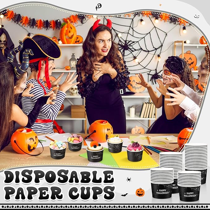 50 Pack 9 oz Happy Halloween Disposable Paper Cups Spider Webs Disposable Soup Bowls Black Paper Snack Cups Halloween Party Supplies for Dessert Hot or Cold Food