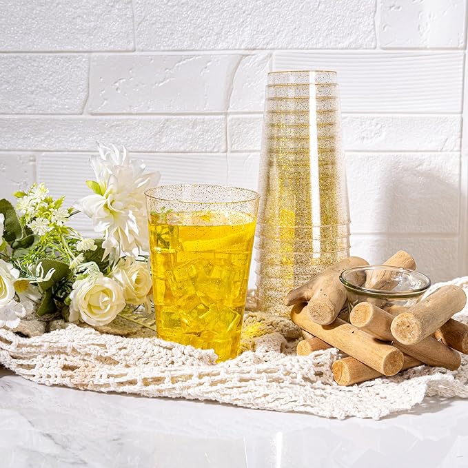 I00000 100 Pack 14 oz Gold Plastic Cups, Disposable Tumblers Gold Glitter Plastic Cups, Disposable Wine Glasses Cocktail Glasses Perfect for Wedding, Mother's Day, Thanksgiving, Christmas Parties