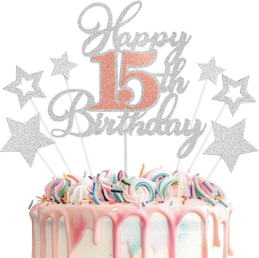 Happy 15th Birthday Cake Toppers, Rose Gold Silver Glitter Cake Decorations Set, 15th Birthday Decor, Birthday Anniversary Party Decorations Supplies