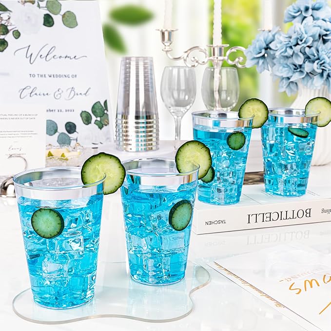 BESTVIP 12oz Silver Plastic Cups, 100 Pack Silver Rimmed Disposable Cups, Heavy-duty Party Cocktail Glasses for Christmas, Plastic Cups for Party, Holiday, Wedding and Birthday