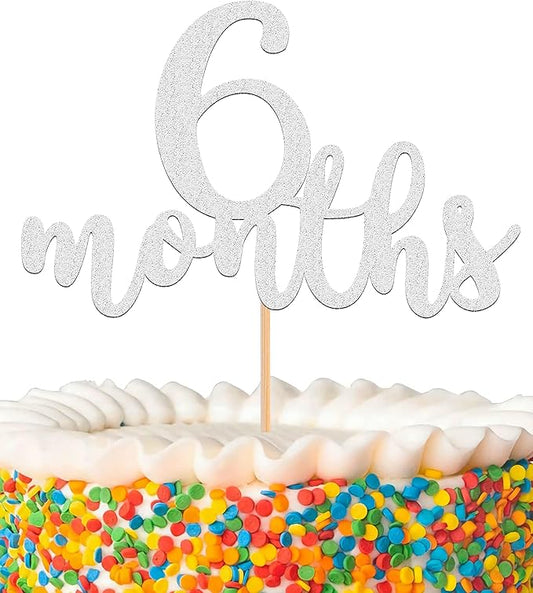6 Months Cake Topper - Golden Glitter 1/2 Birthday Cake Decorations, Perfect for Baby Shower/Gender Reveal Party/Baby Party Photo Booth Props (Silver)