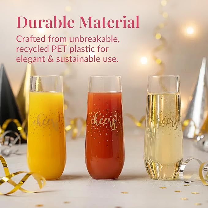 Prestee 24 Pack Stemless Plastic Champagne Flutes - 9 Oz Disposable Cheers Toast Cups for New Years Eve - Shatterproof Drinkware for Cocktails, and Mimosa Bar Supplies