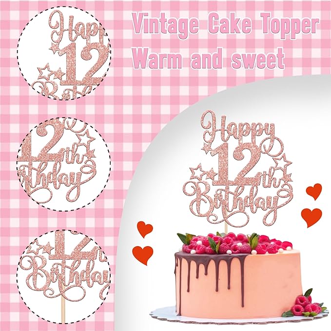 1 PCS Happy 12th Birthday Cake Topper Glitter Cheers to 12 Years Birthday Cake Pick Hello 12 Fabulous Cake Decoration for Happy 12th Birthday Anniversary Party Decorations Supplies Rose Gold