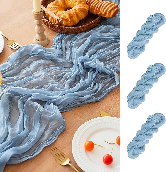 FEXIA 3 Pack Dusty Blue Table Runner 35x120 Inches for Baby Shower Decoration Gauze Rustic Table Runner for Wedding Party First Communion Centerpiece Engagement Bridal Shower Boho Decoration