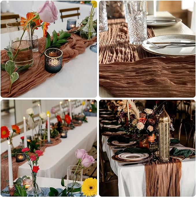 1 Pack Cheesecloth Table Runner Rustic Sheer Boho Gauze 35 x 120 Inch Centerpiece Cheese Cloth for Bridal Baby Shower Summer Spring Decorations Brown