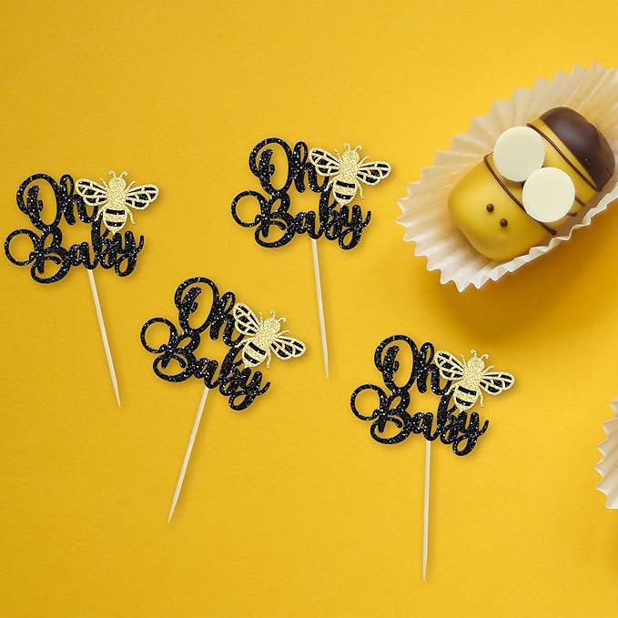 24Pcs Bee Oh Baby Cupcake Toppers Glitter Oh Babee Cupcake Picks Bumble Bee Theme Baby Shower Kids First Birthday Party Cake Decorations Supplies Black