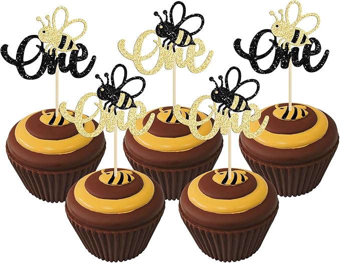 24Pcs Bumble Bee One Cupcake Toppers Glitter 1st Birthday Party Cupcake Picks Decorations for Bee Theme Baby Shower Kids First Birthday Party Supplies
