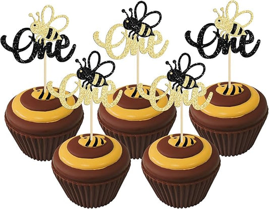 24Pcs Bumble Bee One Cupcake Toppers Glitter 1st Birthday Party Cupcake Picks Decorations for Bee Theme Baby Shower Kids First Birthday Party Supplies
