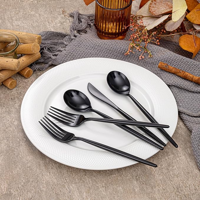 Rubtlamp 90Pcs Plastic Black Silverware, New Year black Disposable Cutlery, Plastic Utensils Heavy Duty include 30 Disposable Knives,60 plastic Forks and Spoons, black Cutlery For New Year Party