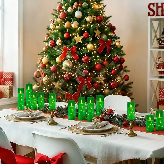 Raycare Flameless Candle with Remote Timer – 5 Flickering Acrylic Battery Operated LED Pillar Candles with Embedded Star String for Christmas, Home Decor, and as a Gift(Green)