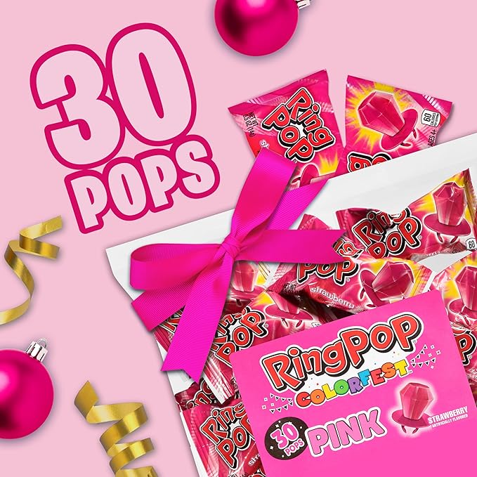 Ring Pop Pink Christmas Candy Lollipops, 30 Ct Bulk Strawberry Lollipops Individually Wrapped, Suckers for Kids, Fun Candy for Gender Reveals, Holiday Parties, Stocking Stuffers, Gifts, Party Favors