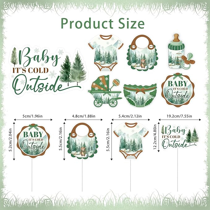 Baby Its Cold Outside Baby Shower Decorations, Winter Forest Cake Topper & 24 Cupcake Toppers, Woodland Green Party Supplies (Pack of 25)