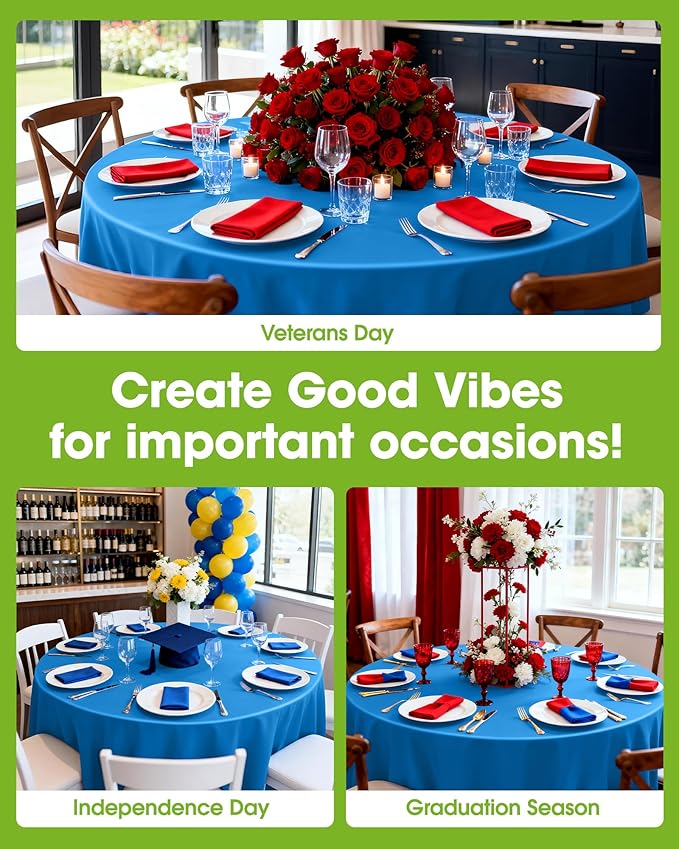Pureegg Plastic Table Cloth Disposable 6 Pack, 84'' Round Table Cloths, Graduation, Patriotic Decorations, Thanksgiving, Veterans Day Tablecloths, Round, Plastic Cover, Waterproof, Blue