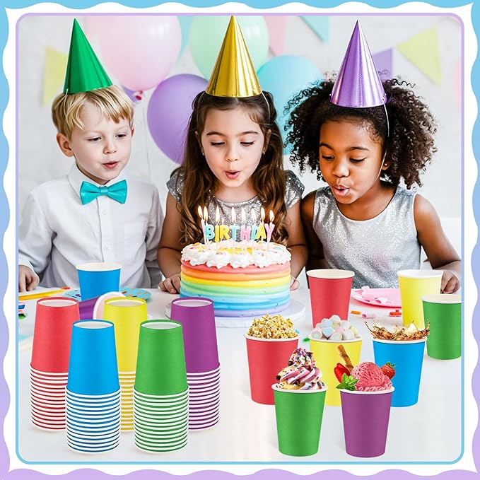 100 Pack Rainbow Paper Cups 9oz Colored Party Cup Disposable Paper Cups Bulk, Drinking Cup for Birthday Holiday Party Supplies, 5 Colors