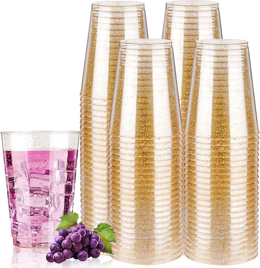 Goodluck 12 oz 100 PCS Gold Glitter Plastic Cups, Disposable Glitter Cups, Elegant Plastic Cocktail Glasses, Fancy Party Cups for Wedding, Birthday, Holiday